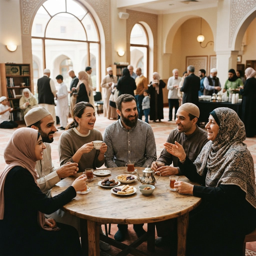 Diverse community gathering at a mosque open house