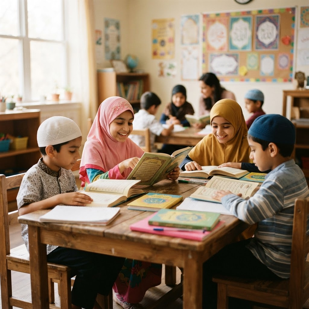 Muslim children studying in a classroom