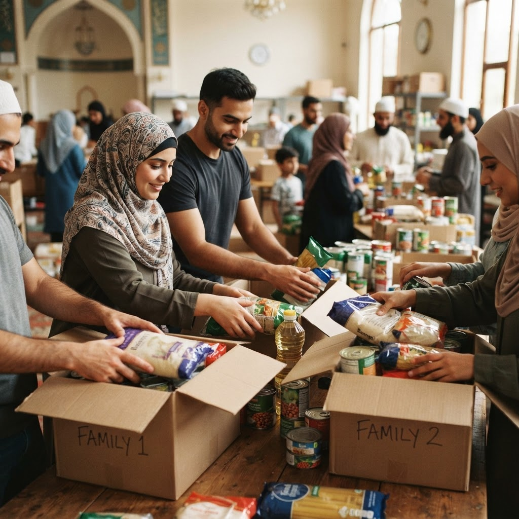 Volunteers packing food boxes for families in need