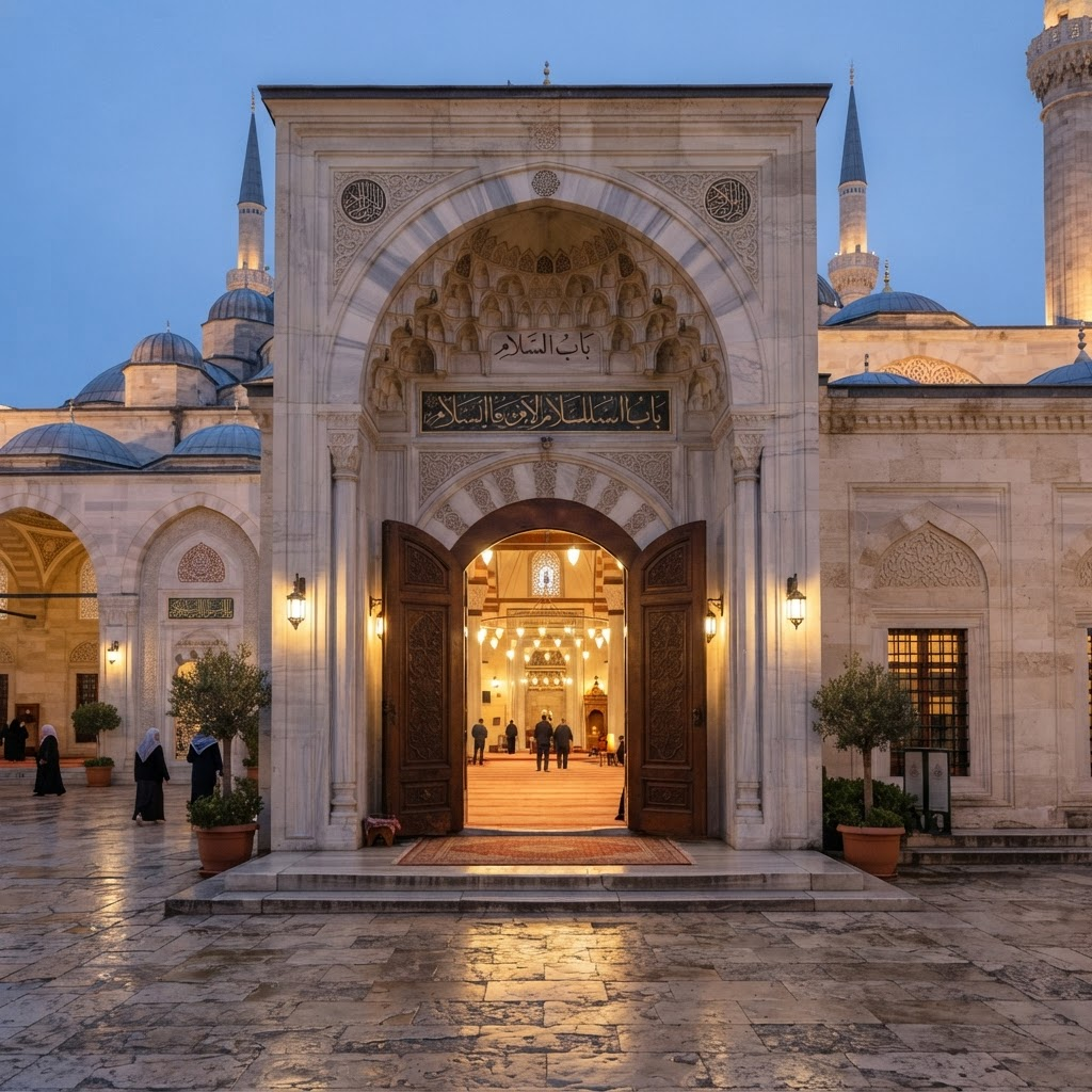 Warmly lit mosque entrance doorway